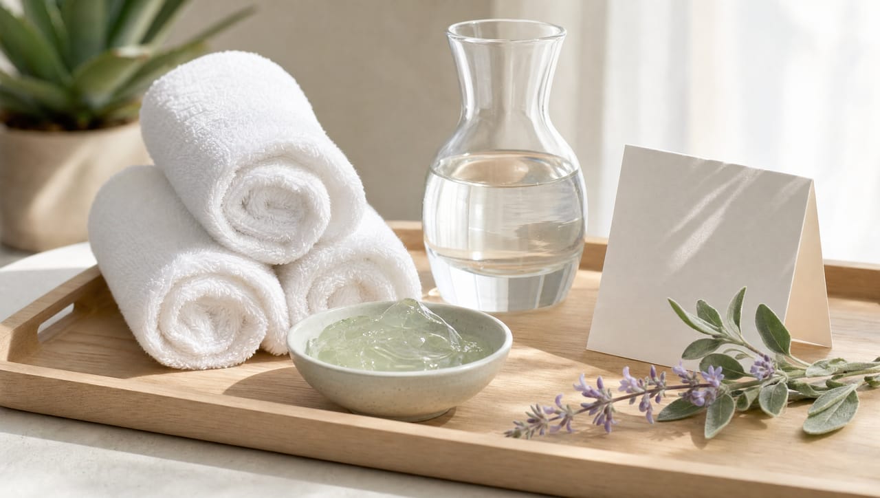 An aftercare tray with rolled towels, a glass carafe and a bowl of soothing gel
