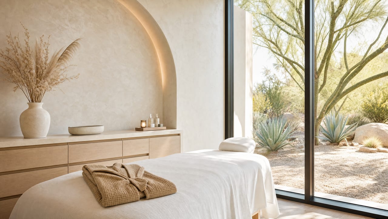 A bright treatment suite with a made bed, a folded robe and a desert garden beyond the glass
