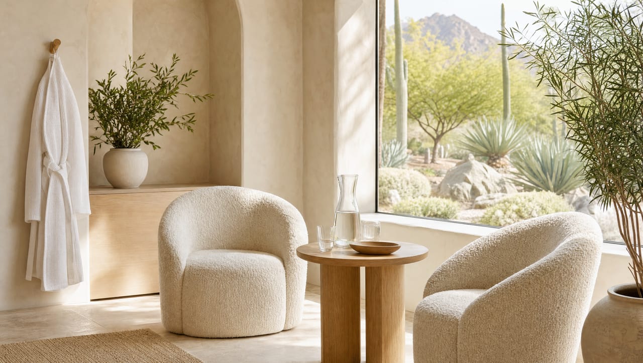 The bright clinic lounge with cream boucle chairs and a desert garden view