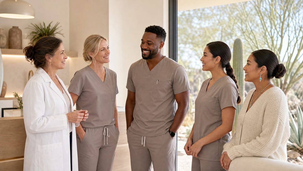 The five-person Amberlune team talking together in the bright clinic