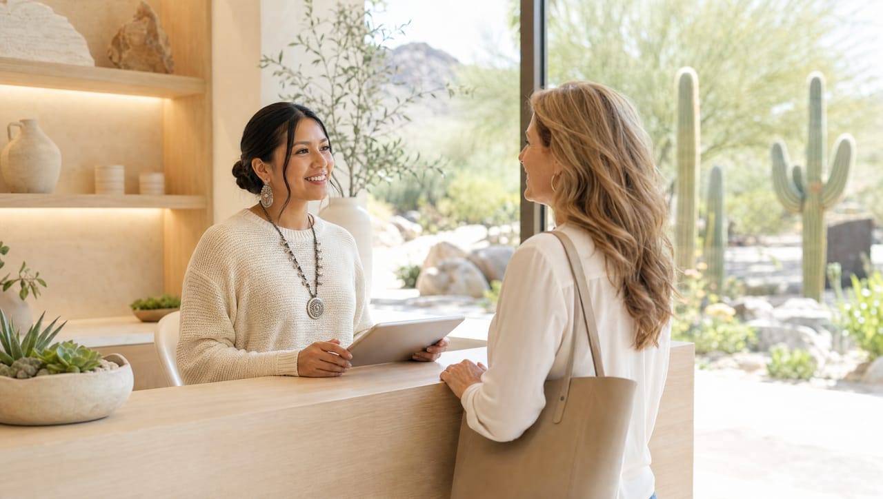 A coordinator at a pale oak reception desk greeting a client, with a desert garden through the window