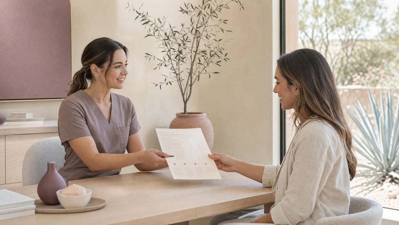 A nurse handing a client a printed treatment plan across a pale oak desk
