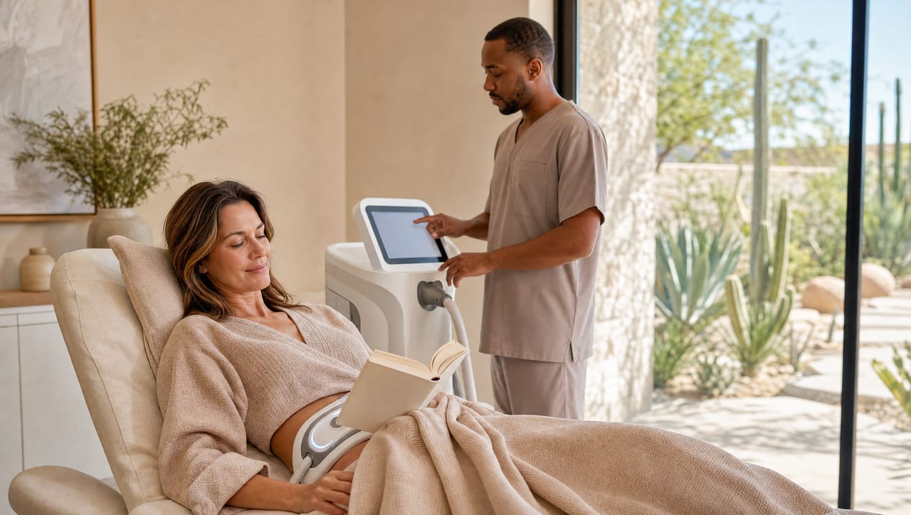 A client relaxing under a blanket on a treatment chair while a nurse checks a device
